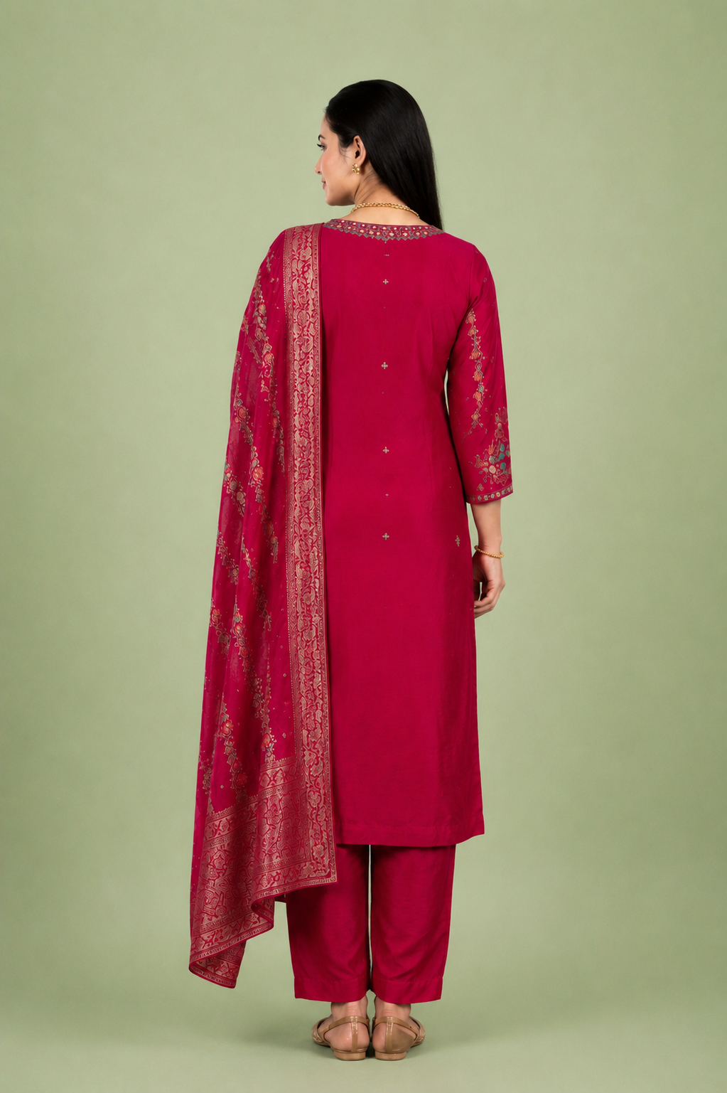 Red Crepe Silk Straight Kurta with Straight Pant and Zardosi Work