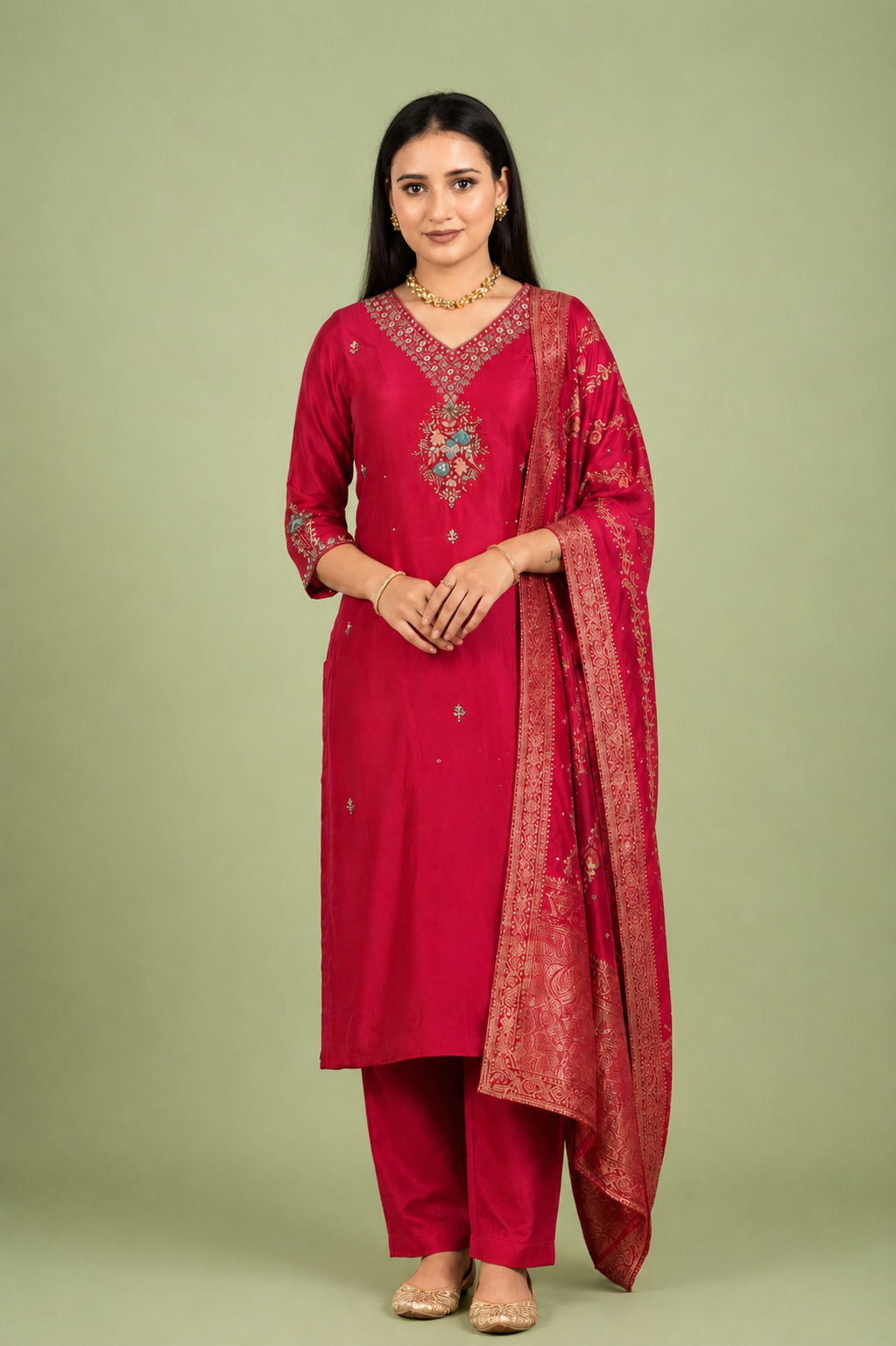 Red Crepe Silk Straight Kurta with Straight Pant and Zardosi Work