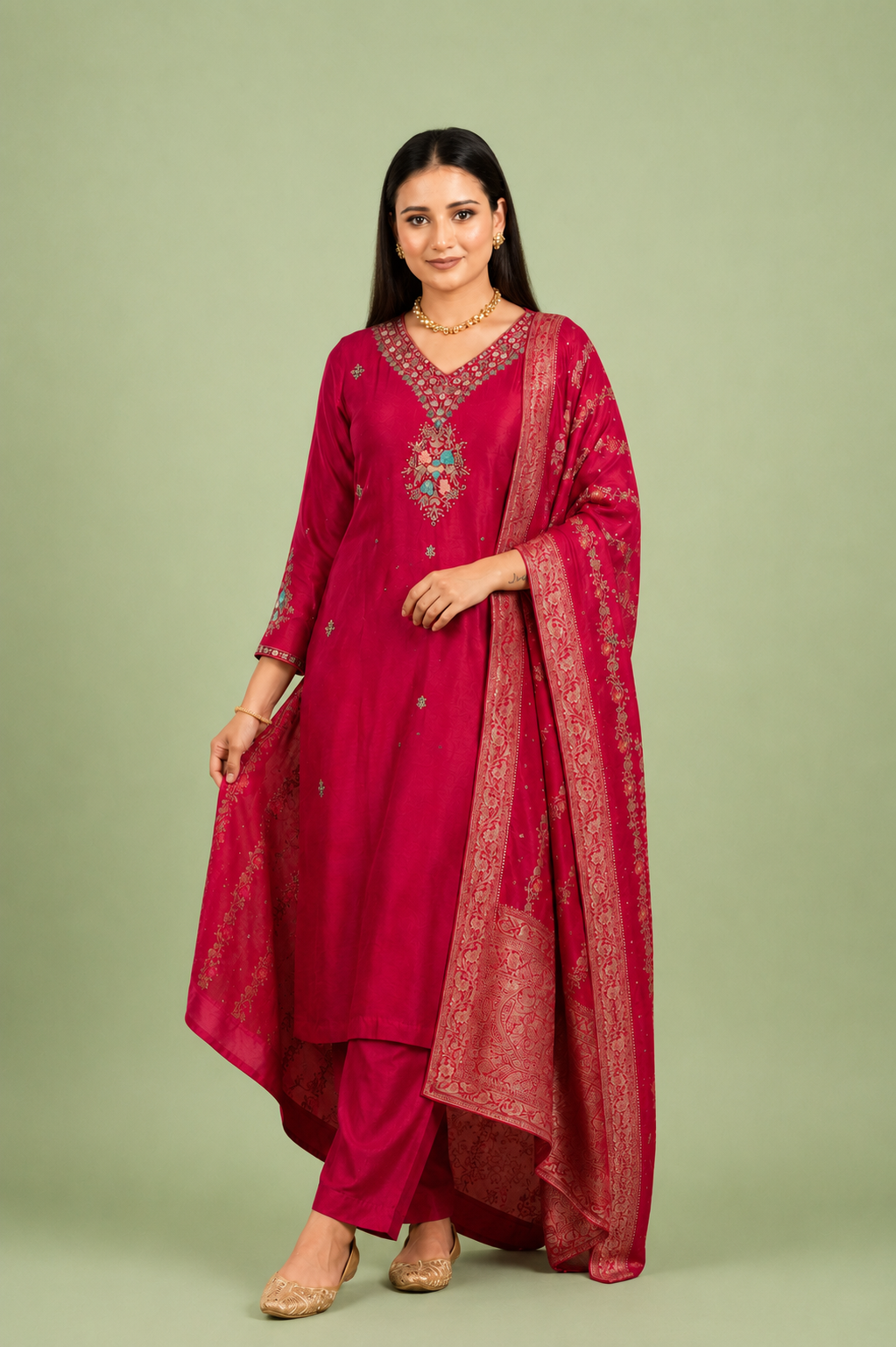 Red Crepe Silk Straight Kurta with Straight Pant and Zardosi Work