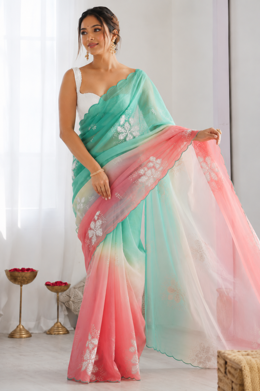 Green Pink Pastel Shaded Chinon Silk Saree with Sequin Embroidery & Khatli Border