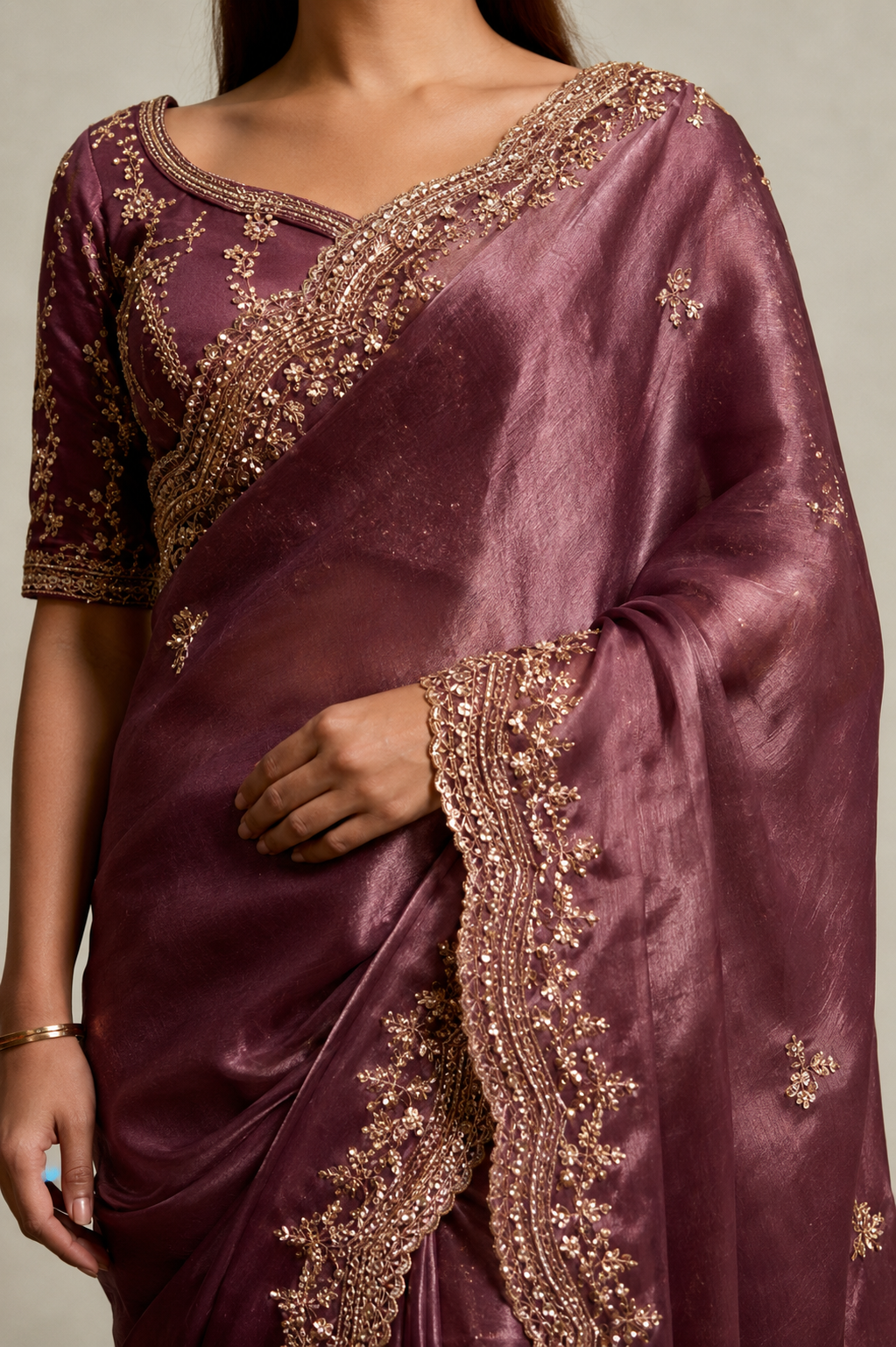 Mauve Purple Organza Silk Saree with Hand Embroidery with Stitched Blouse