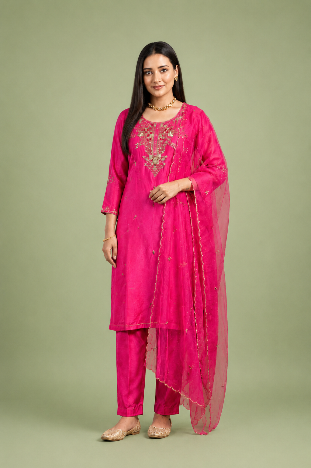 Rani Pink Crepe Silk Straight Kurta with Straight Pant and Hand-Embroidered Sequin Work