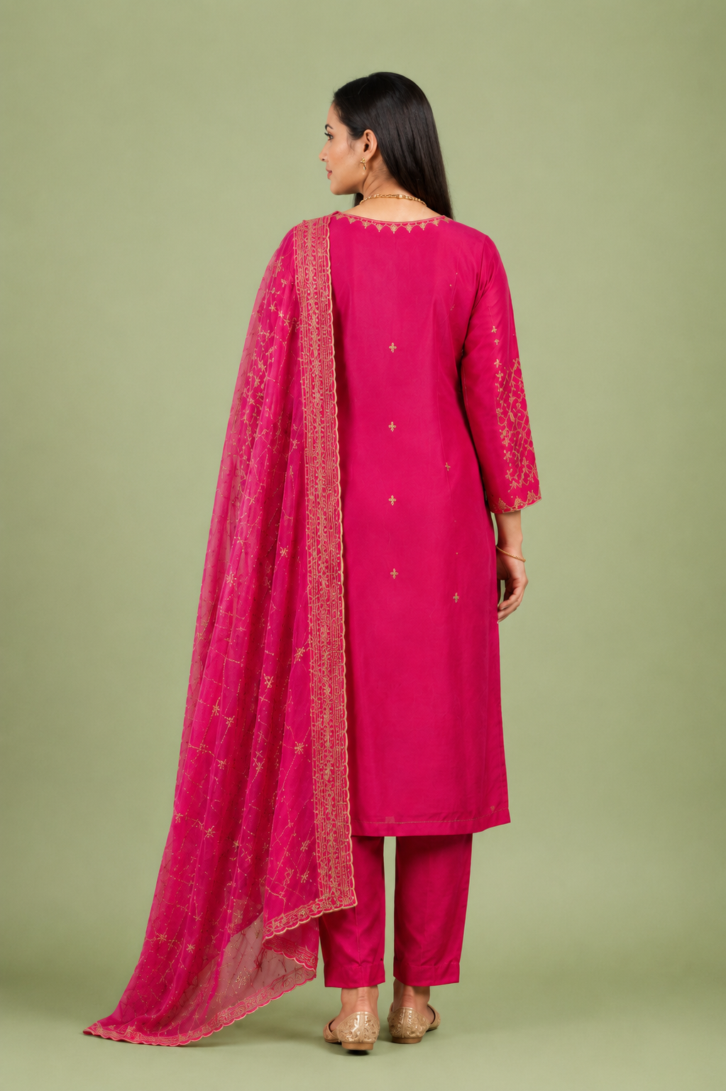 Rani Pink Crepe Silk Straight Kurta with Straight Pant and Hand-Embroidered Sequin Work