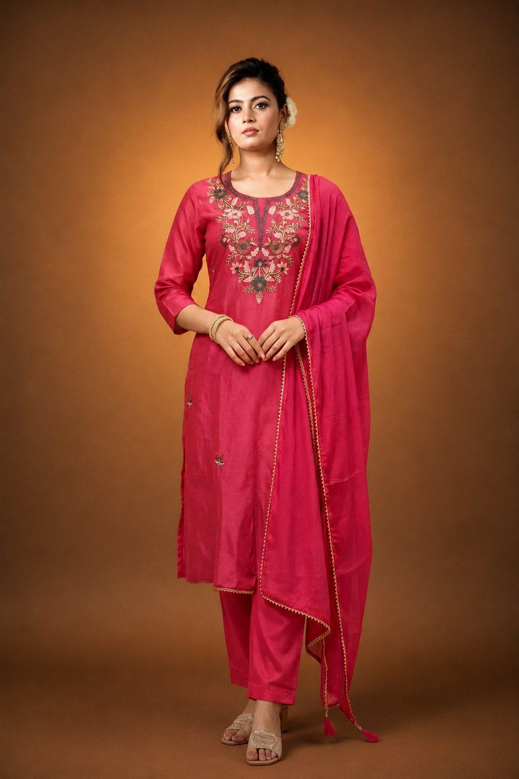 Rani Pink Crepe Silk Straight Kurta with Straight Pant and Hand-Embroidered Floral Work