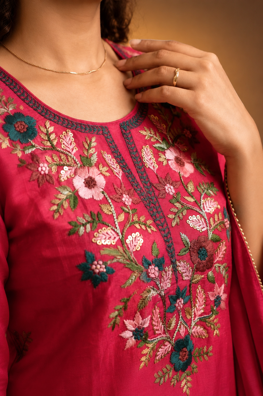 Rani Pink Crepe Silk Straight Kurta with Straight Pant and Hand-Embroidered Floral Work