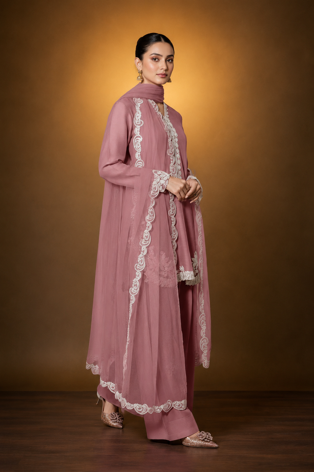 Baby Pink Farsi Salwar Suit with White Thread Lace Work