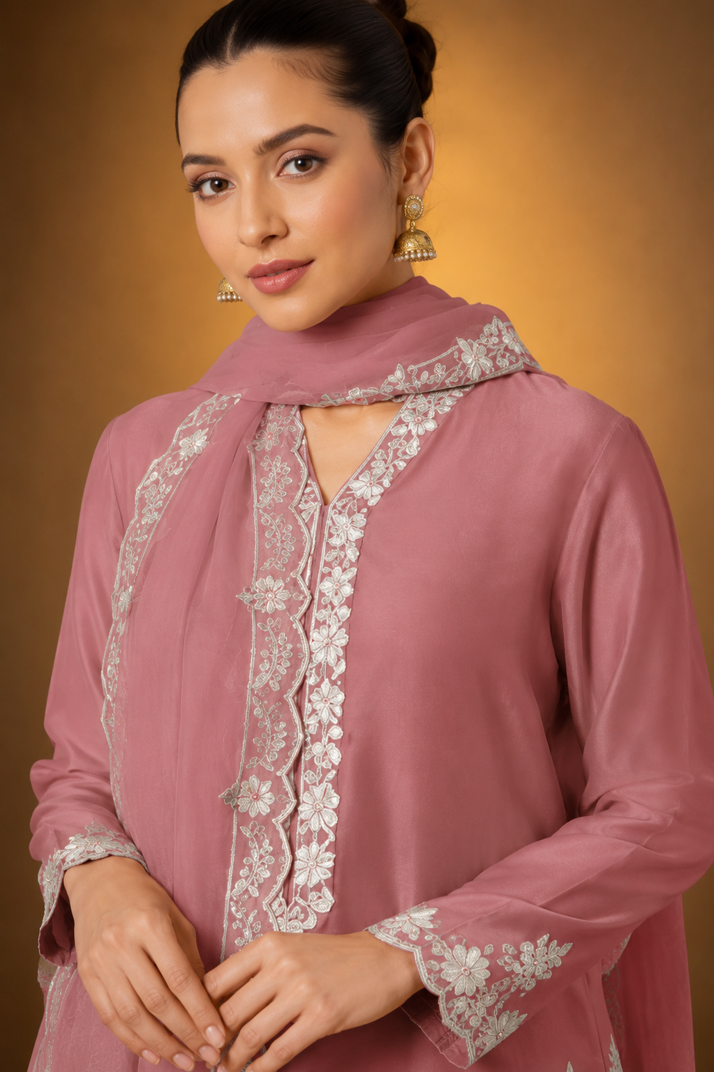 Baby Pink Farsi Salwar Suit with White Thread Lace Work