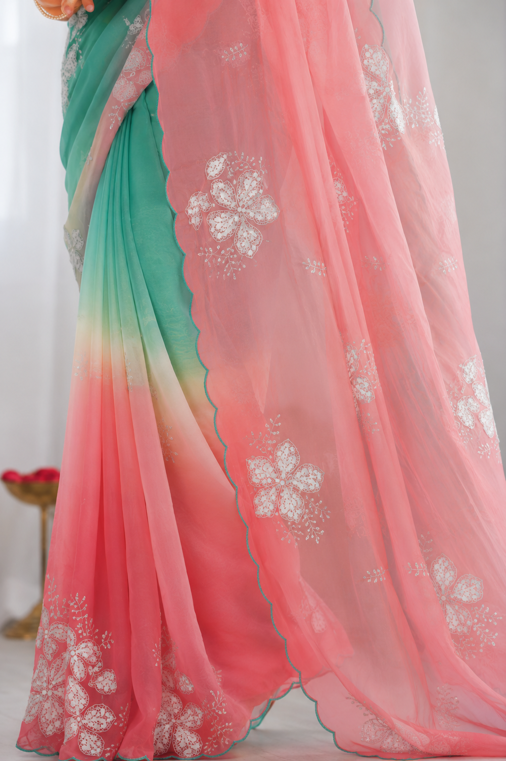 Green Pink Pastel Shaded Chinon Silk Saree with Sequin Embroidery & Khatli Border