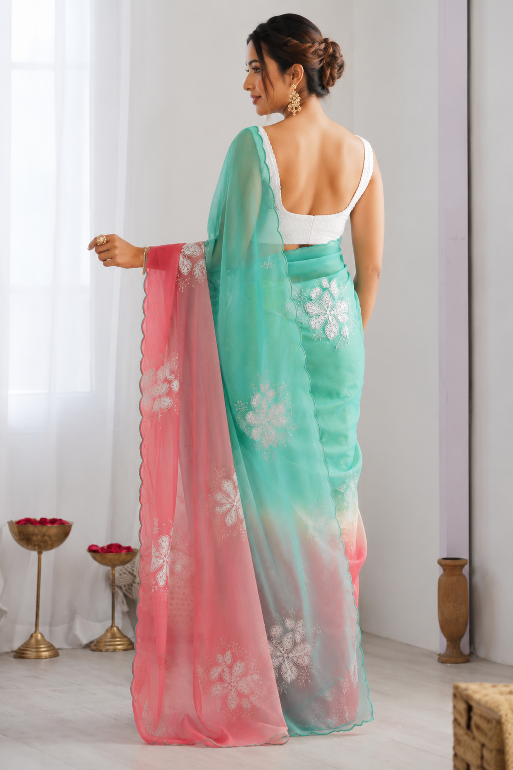 Green Pink Pastel Shaded Chinon Silk Saree with Sequin Embroidery & Khatli Border