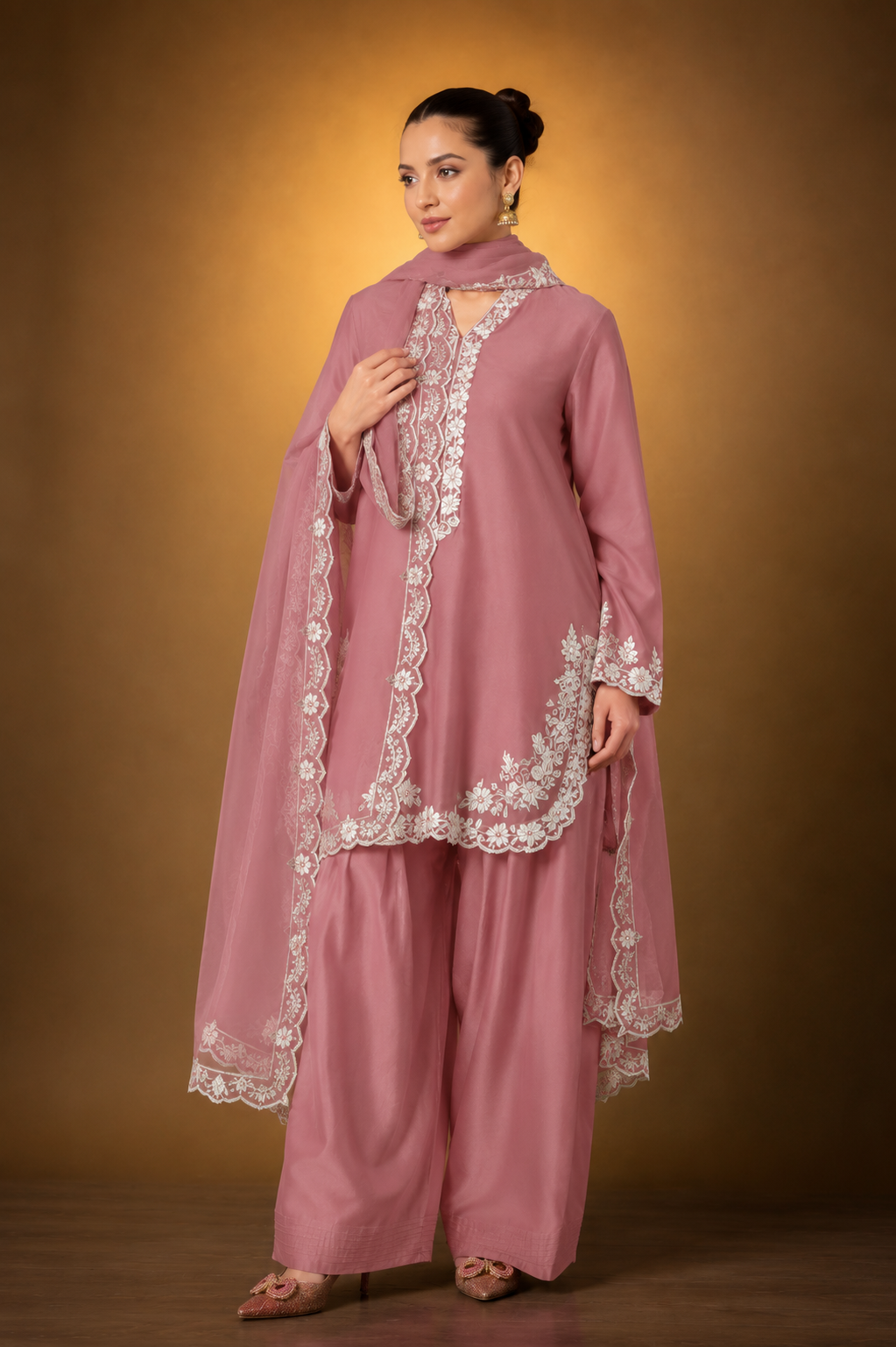 Baby Pink Farsi Salwar Suit with White Thread Lace Work