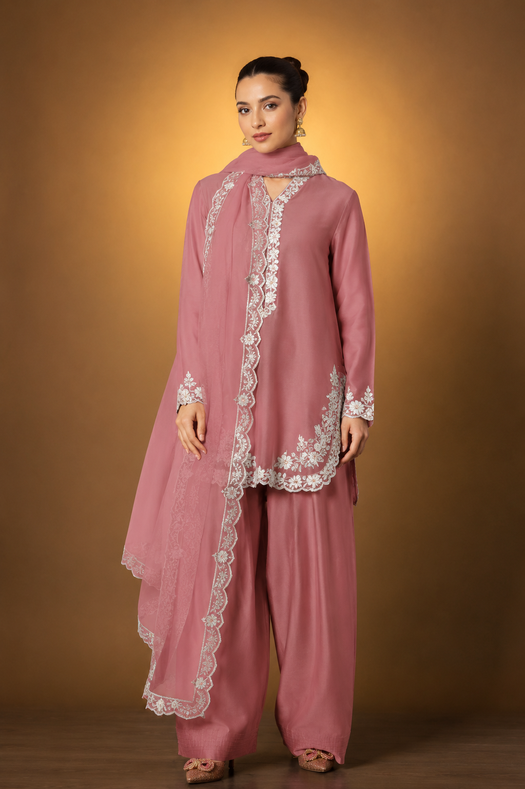 Baby Pink Farsi Salwar Suit with White Thread Lace Work