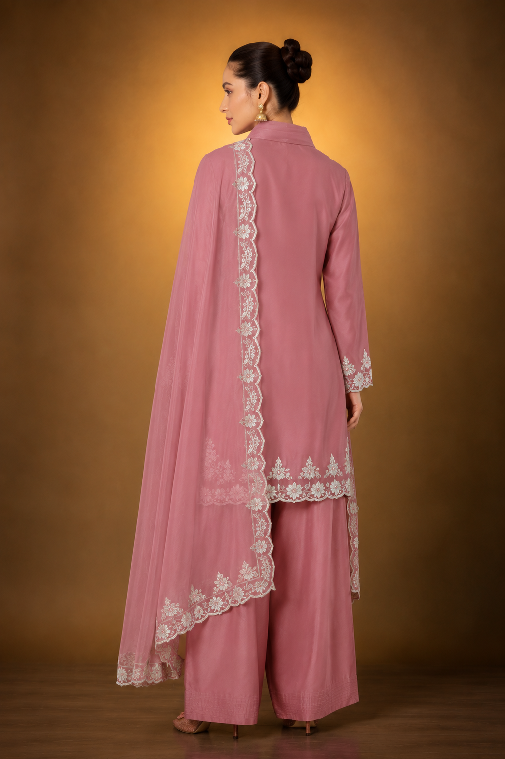 Baby Pink Farsi Salwar Suit with White Thread Lace Work