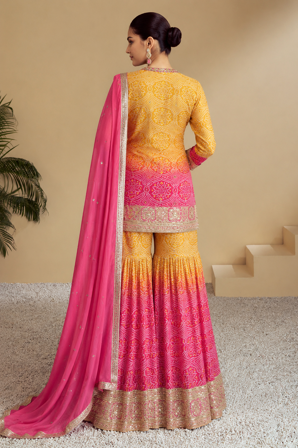 Yellow Pink Bandhani Print Sharara Silk Suit with Zari Work and Matching Dupatta
