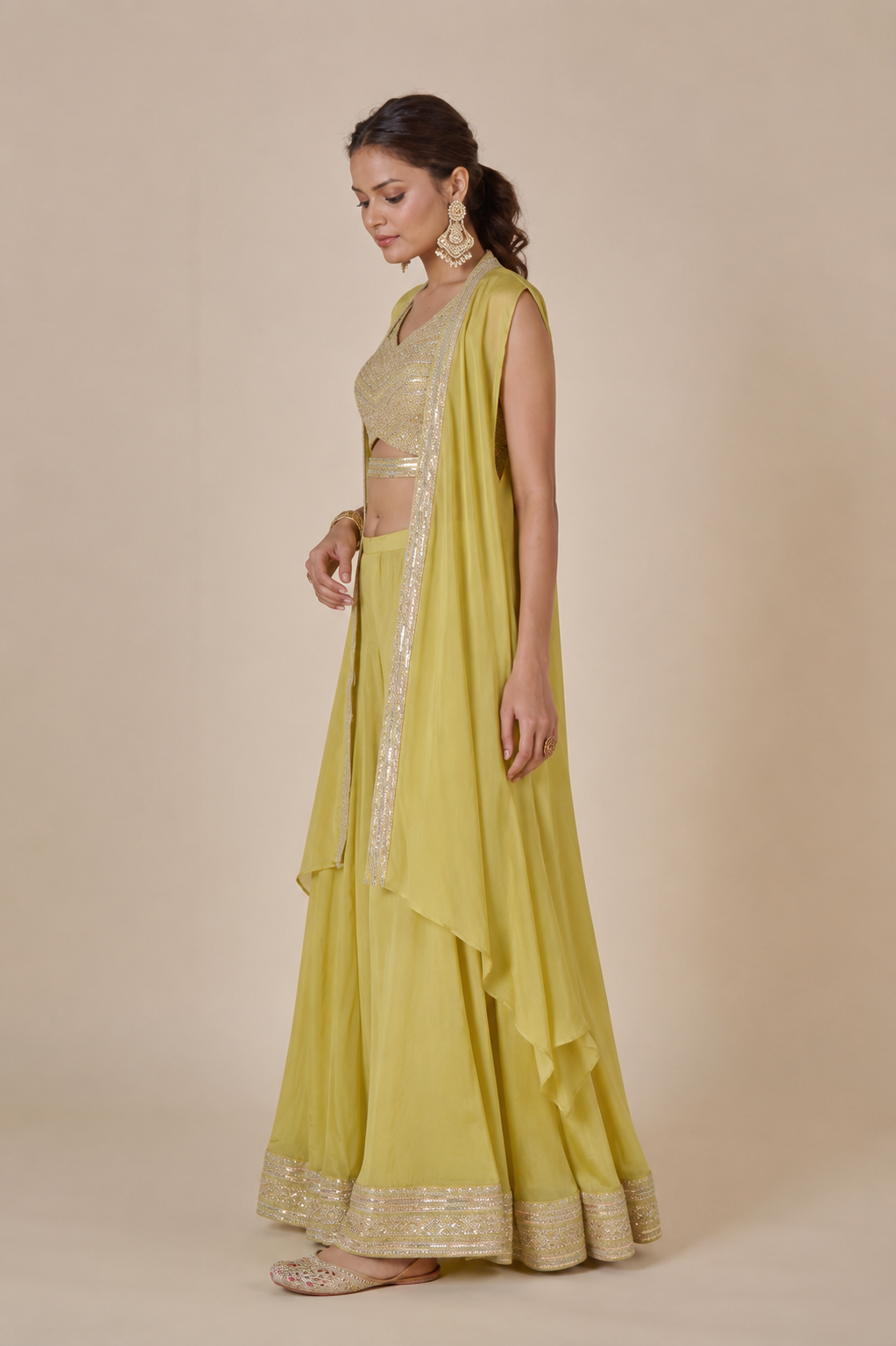 Mehandi Green Embroidered Satin Tank Top with Wide Pants and Full Shrug