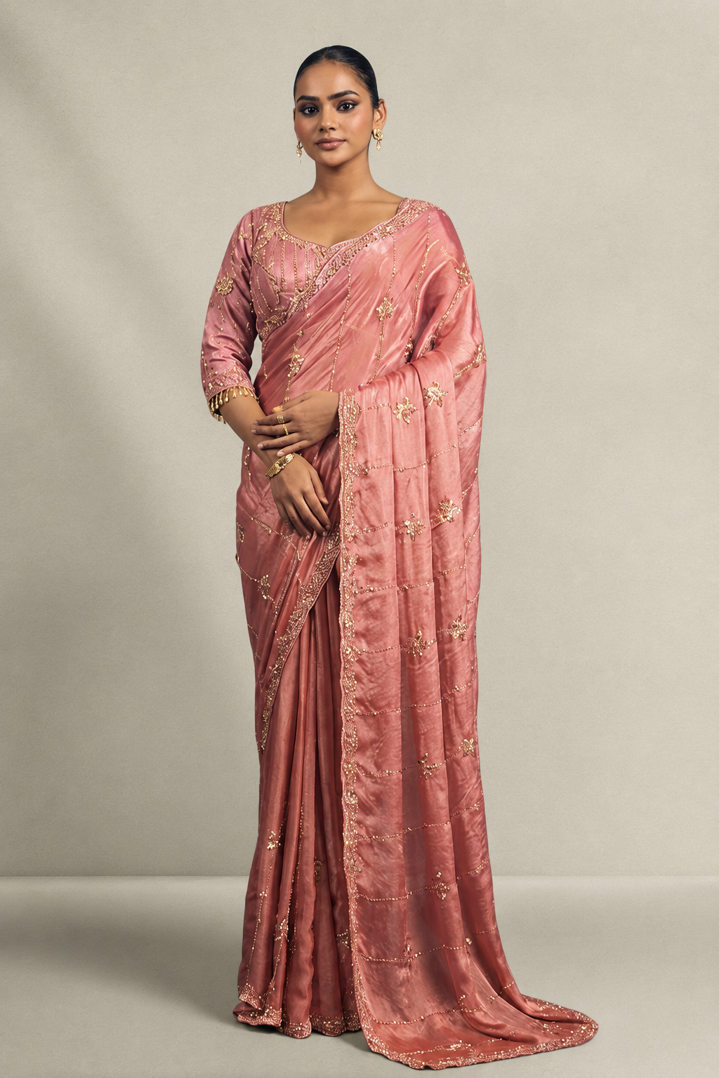 Rose Pink Tissue Silk Saree with Hand Embroidery with Stitched Blouse