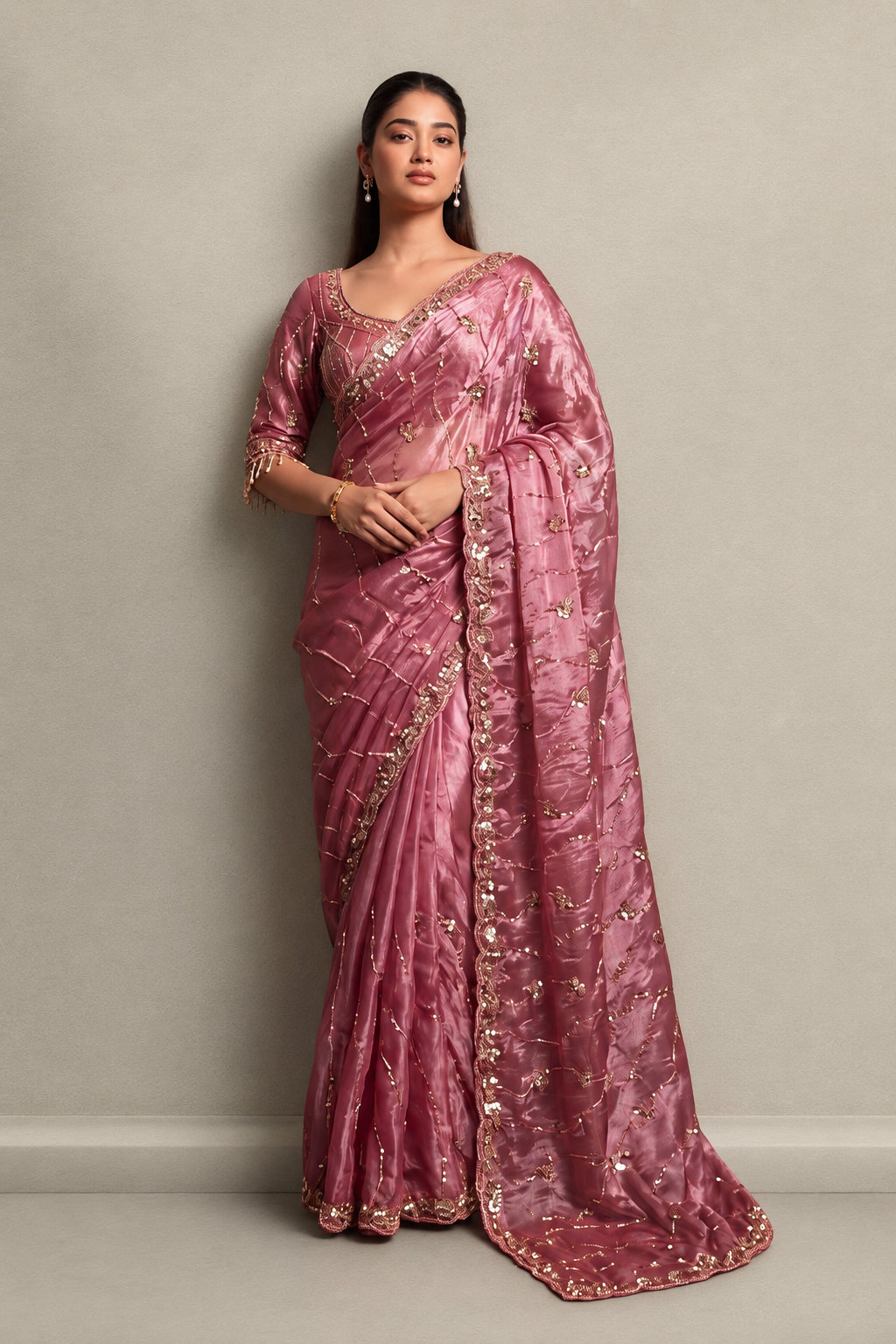 Rose Pink Organza Saree with Hand Embroidery with Stitched Blouse