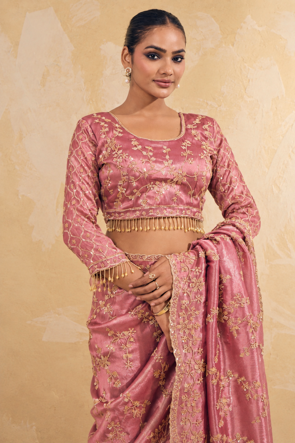 Rose Pink Organza Saree with Embroidery work