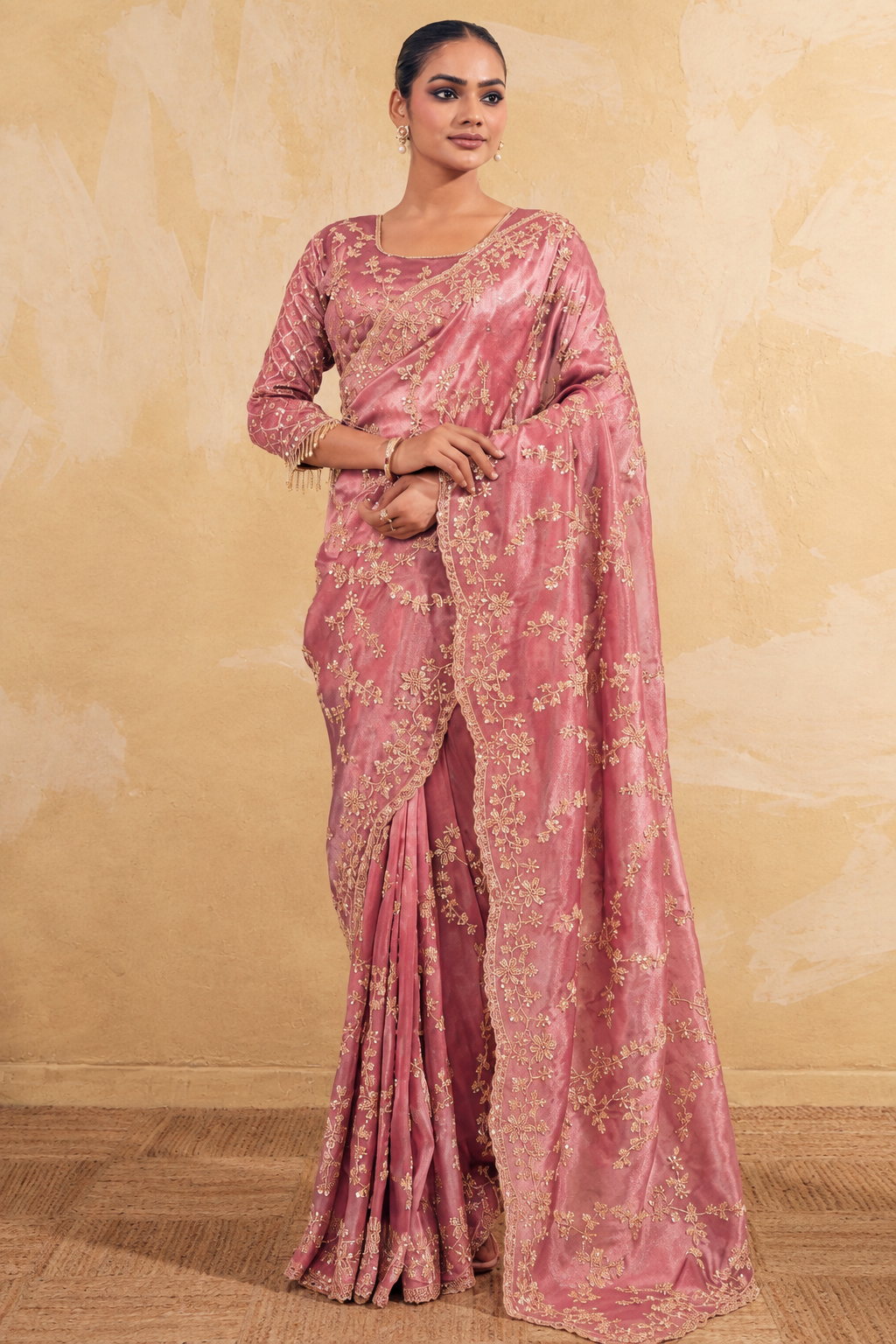Rose Pink Organza Saree with Embroidery work