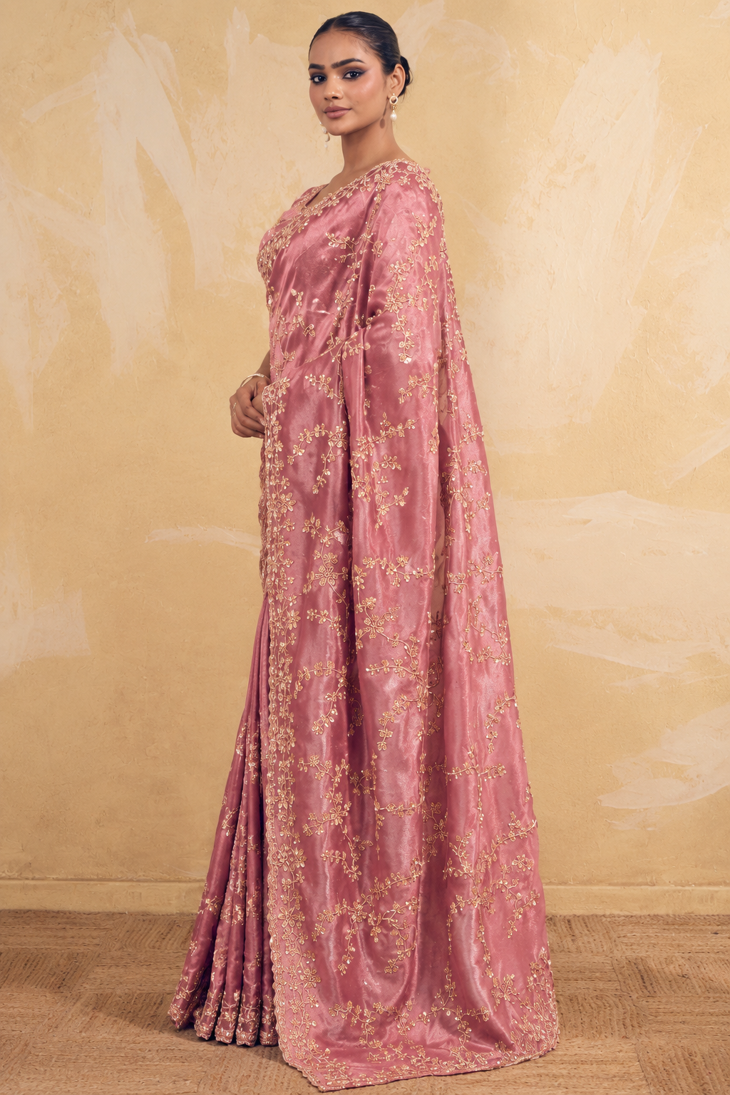Rose Pink Organza Saree with Embroidery work