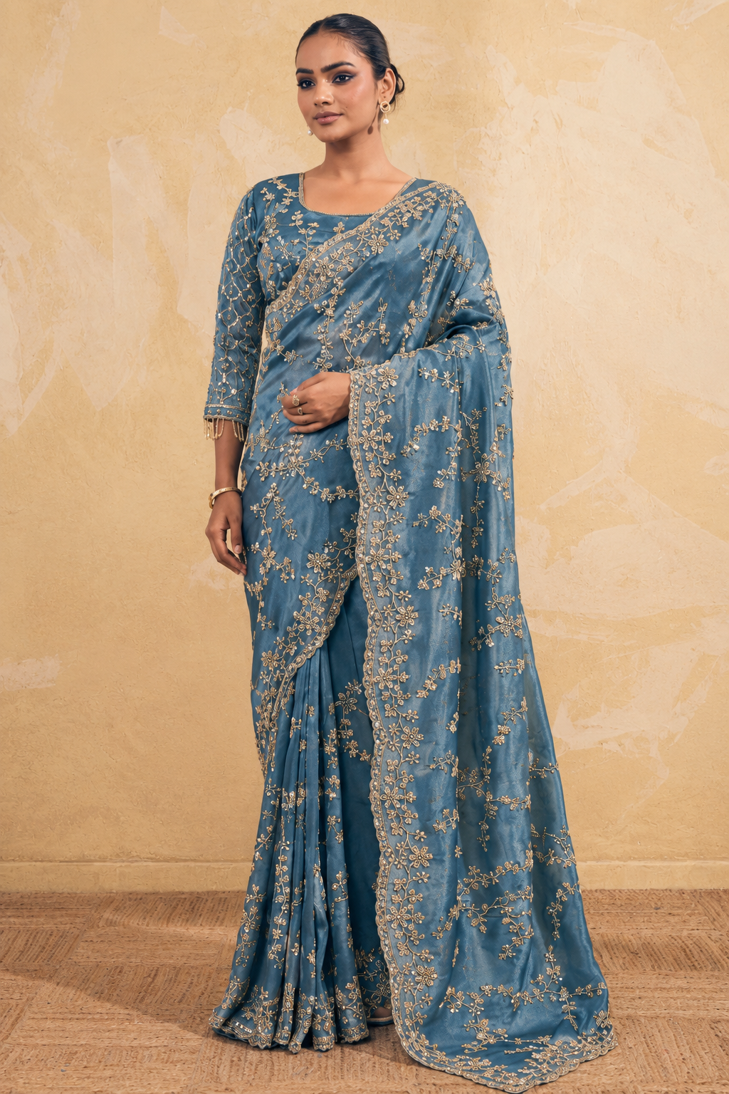 Aqua Blue Organza Saree with Embroidery work