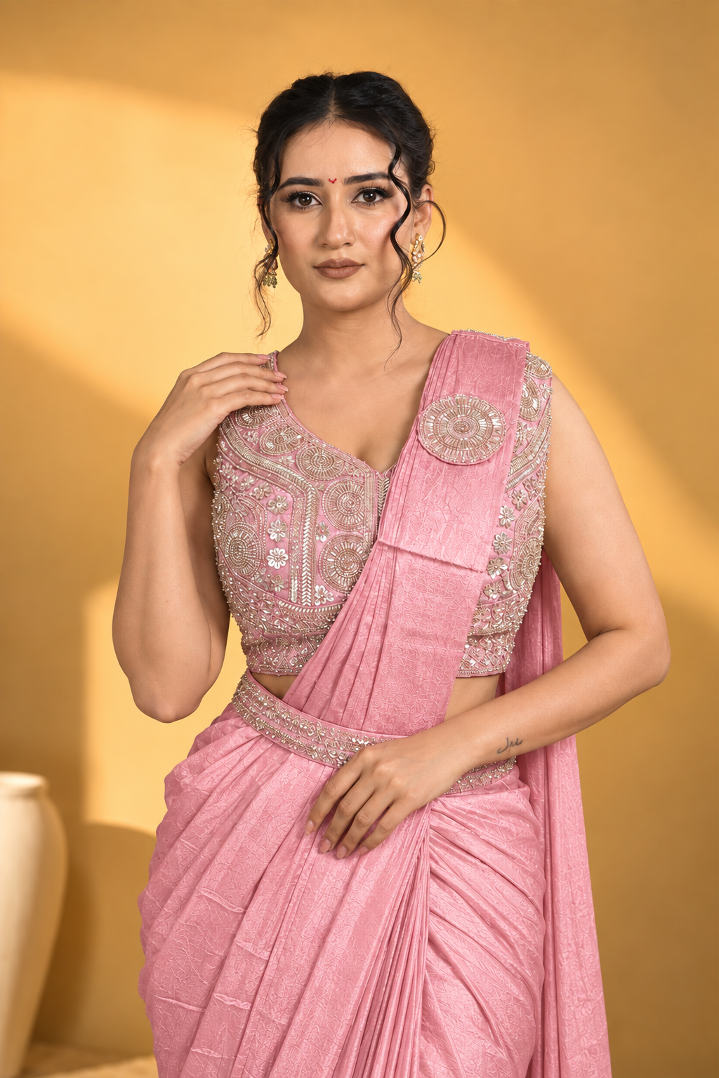Light Rose Pink Lycra Pre-Draped Saree with Ready to Wear Blouse