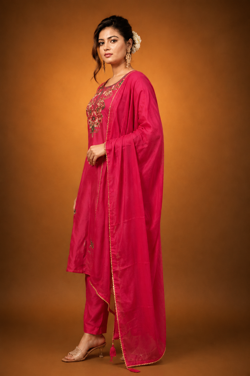 Rani Pink Crepe Silk Straight Kurta with Straight Pant and Hand-Embroidered Floral Work