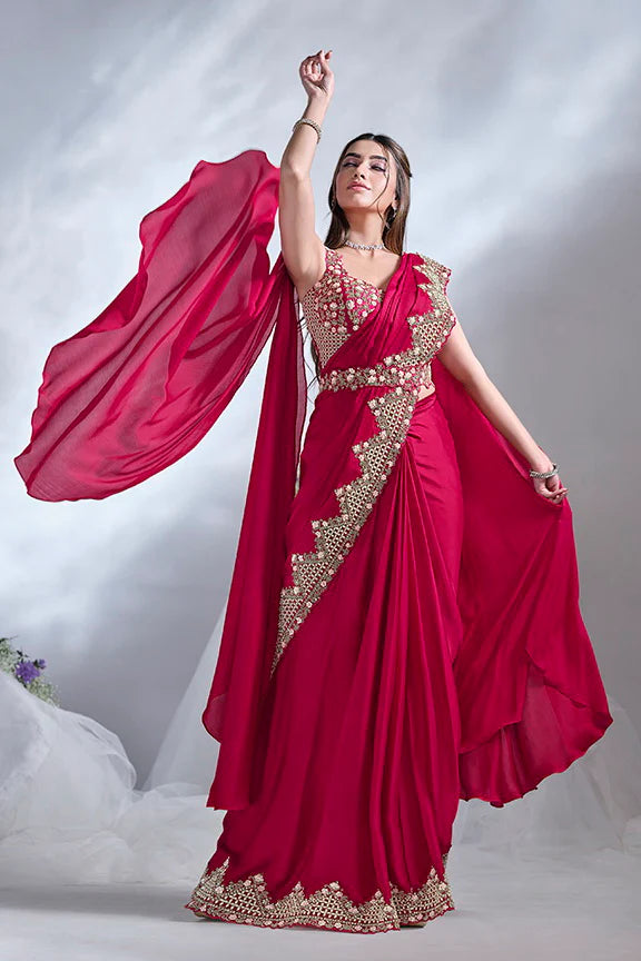 MAYRAKE Deep Rani Pink Ready-to-Wear Crepe Satin Silk Saree with Sequins & Moti Work