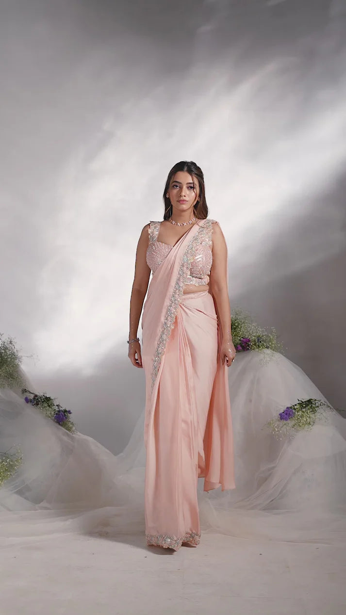 MAYRAKE Peach Ready-to-Wear Crepe Satin Silk Saree with Sequins & Moti Work