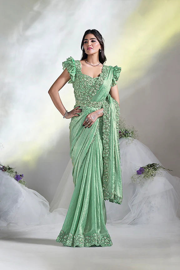 MAYRAKE Green Ready-to-Wear Organza Silk Saree with Sequins & Moti Work