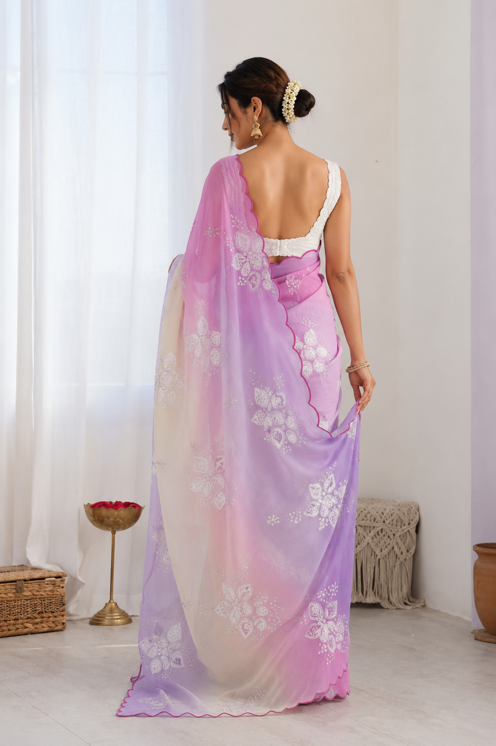 Peach Purple Pastel Shaded Chinon Silk Saree with Sequin Embroidery & Khatli Border