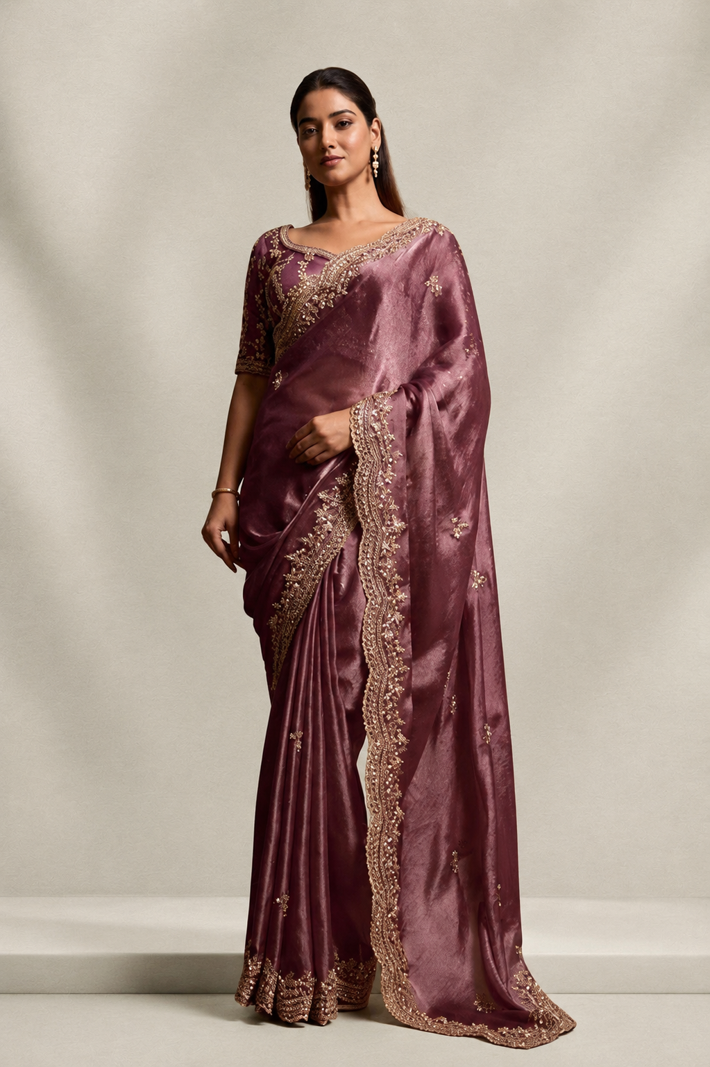 Mauve Purple Organza Silk Saree with Hand Embroidery with Stitched Blouse