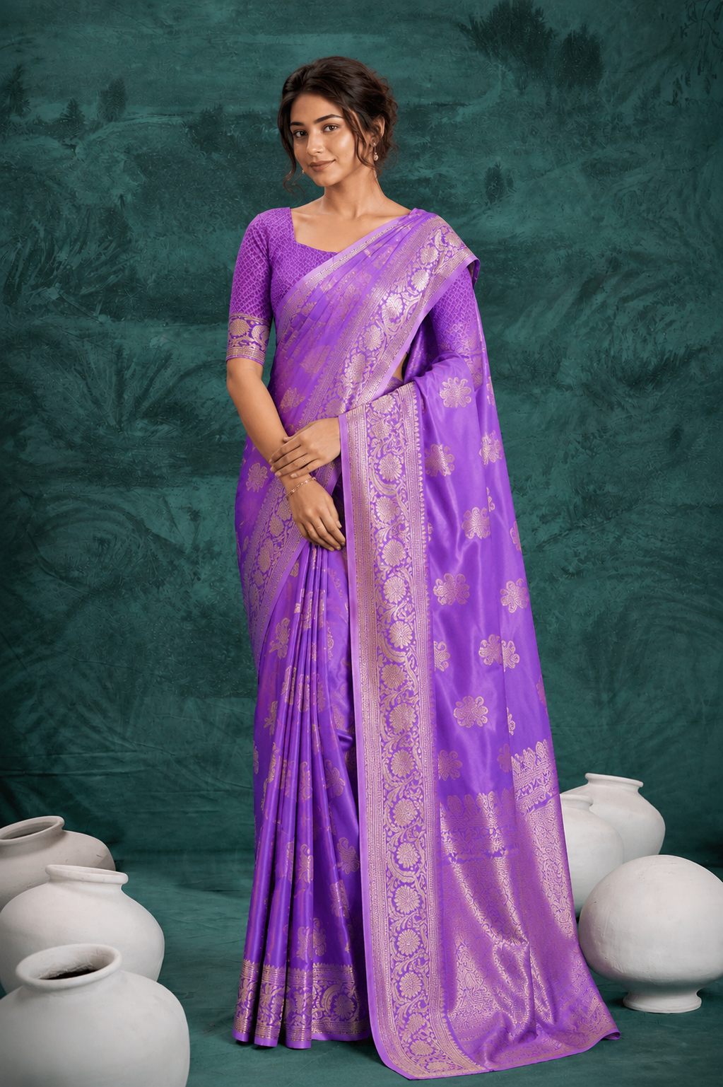 Purple Banarasi Satin Silk Rich Pallu Saree with Silver Zari Weaving Detailing