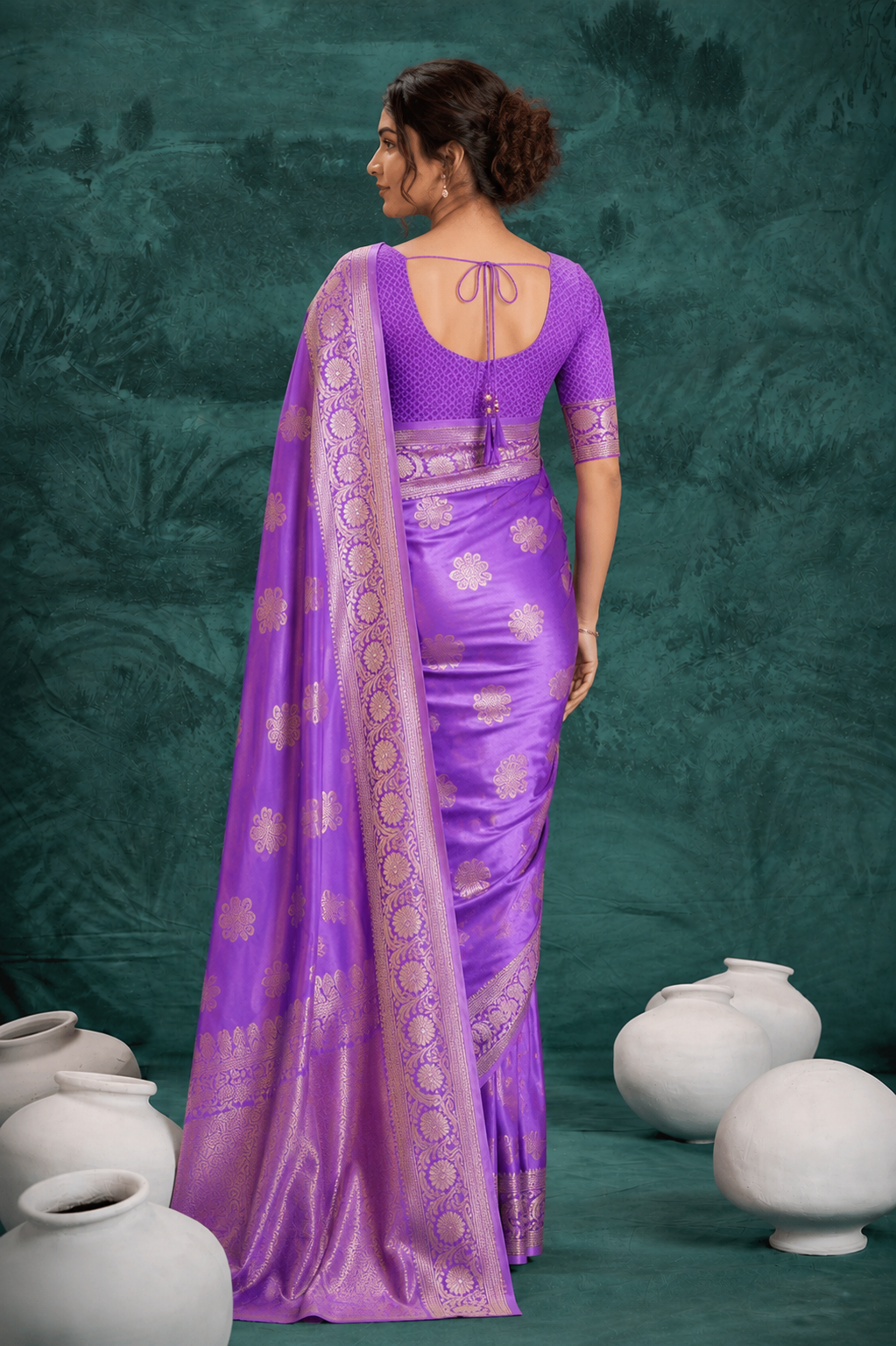Purple Banarasi Satin Silk Rich Pallu Saree with Silver Zari Weaving Detailing