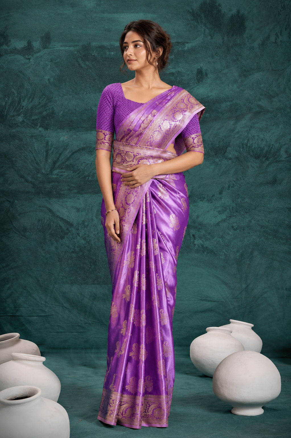 Purple Banarasi Satin Silk Rich Pallu Saree with Silver Zari Weaving Detailing