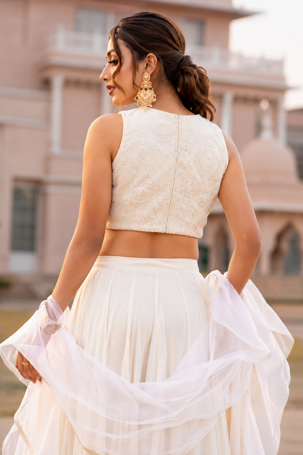 Ivory White Crepe Palazzo Pants with Embroidered Crop Top and Dupatta
