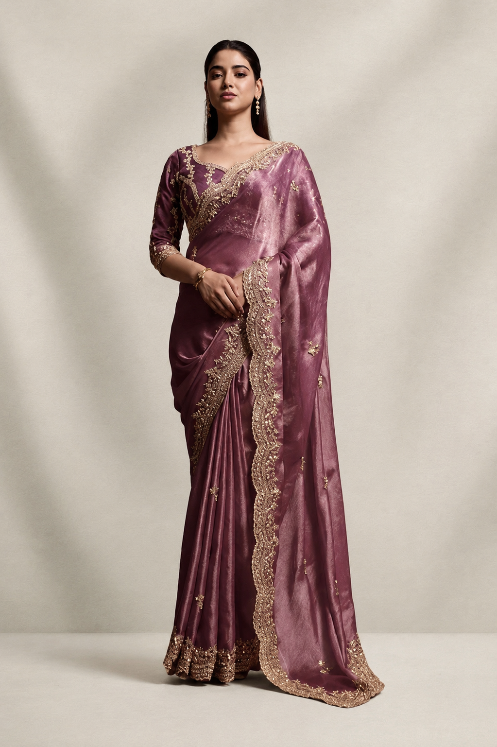Mauve Purple Organza Silk Saree with Hand Embroidery with Stitched Blouse