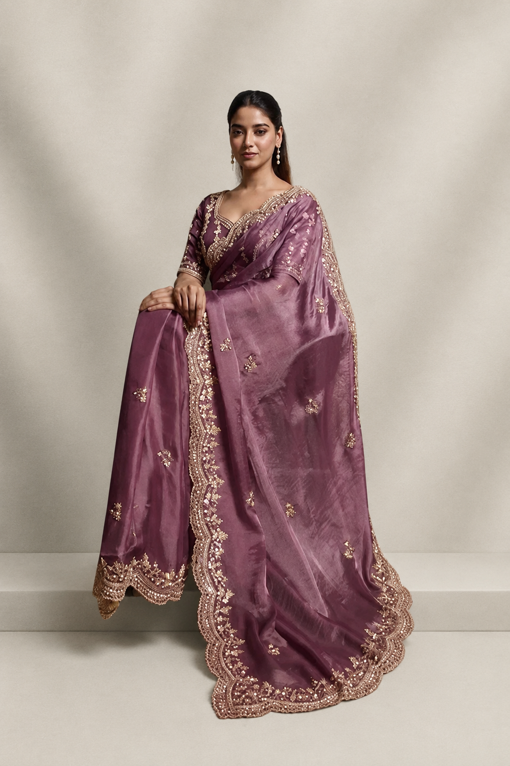 Mauve Purple Organza Silk Saree with Hand Embroidery with Stitched Blouse