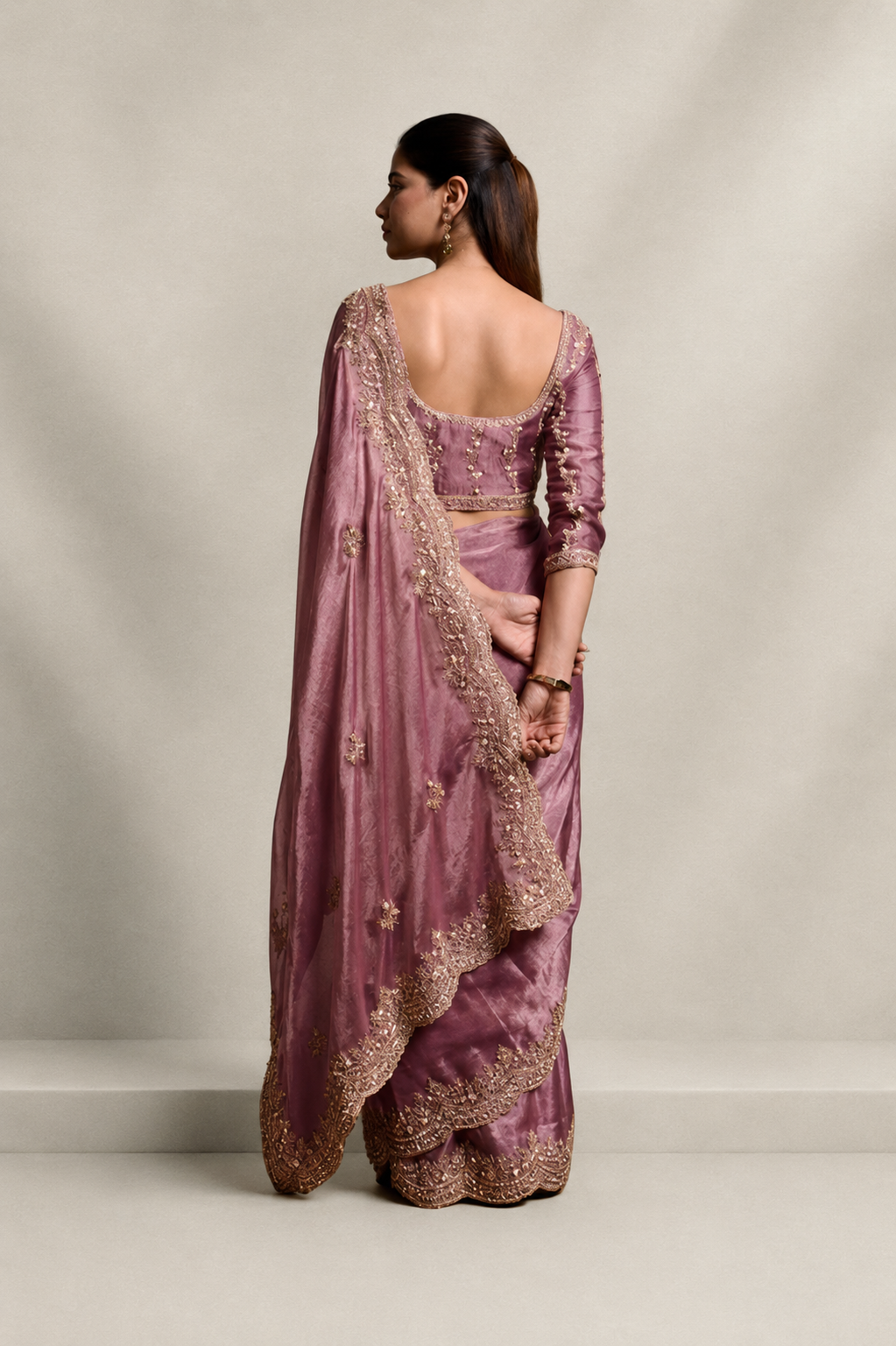 Mauve Purple Organza Silk Saree with Hand Embroidery with Stitched Blouse