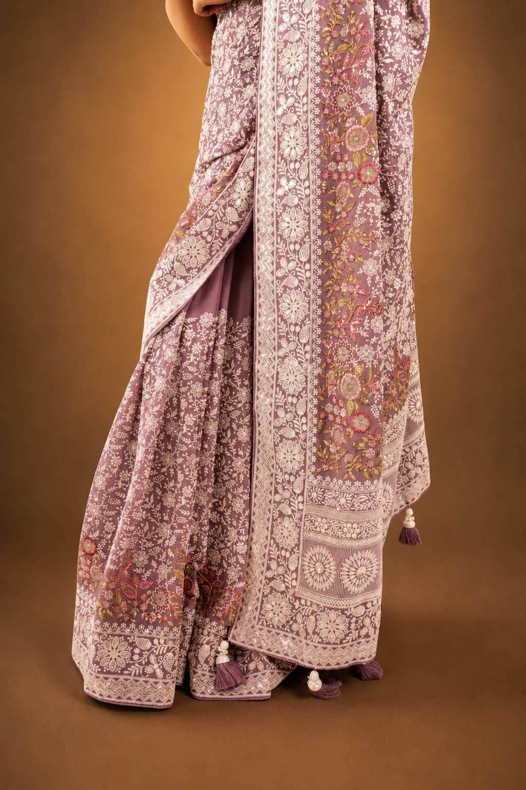 Lavender Purple Lucknowi Georgette Saree with Beautiful Tassels and Zari Work