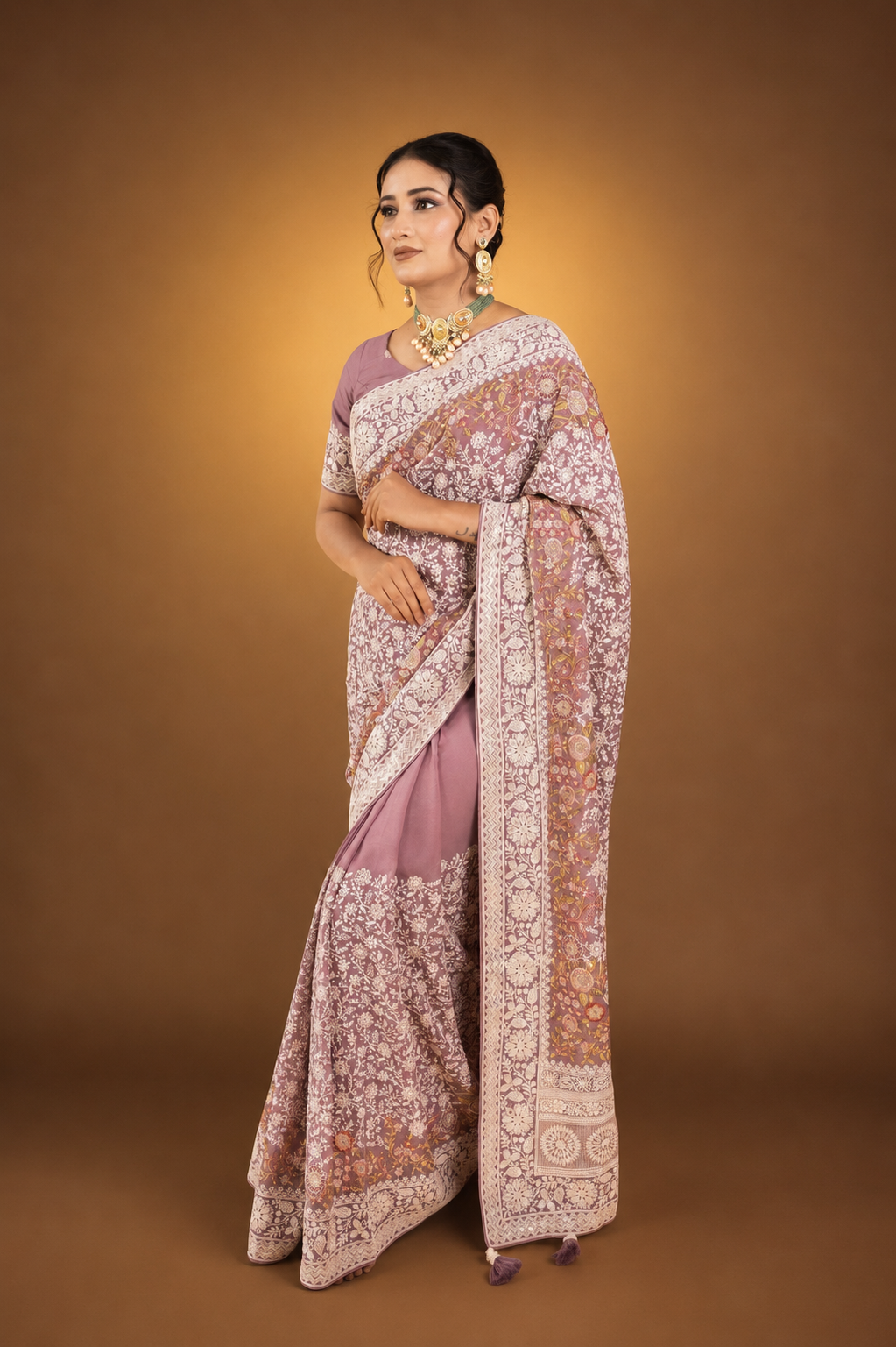 Lavender Purple Lucknowi Georgette Saree with Beautiful Tassels and Zari Work