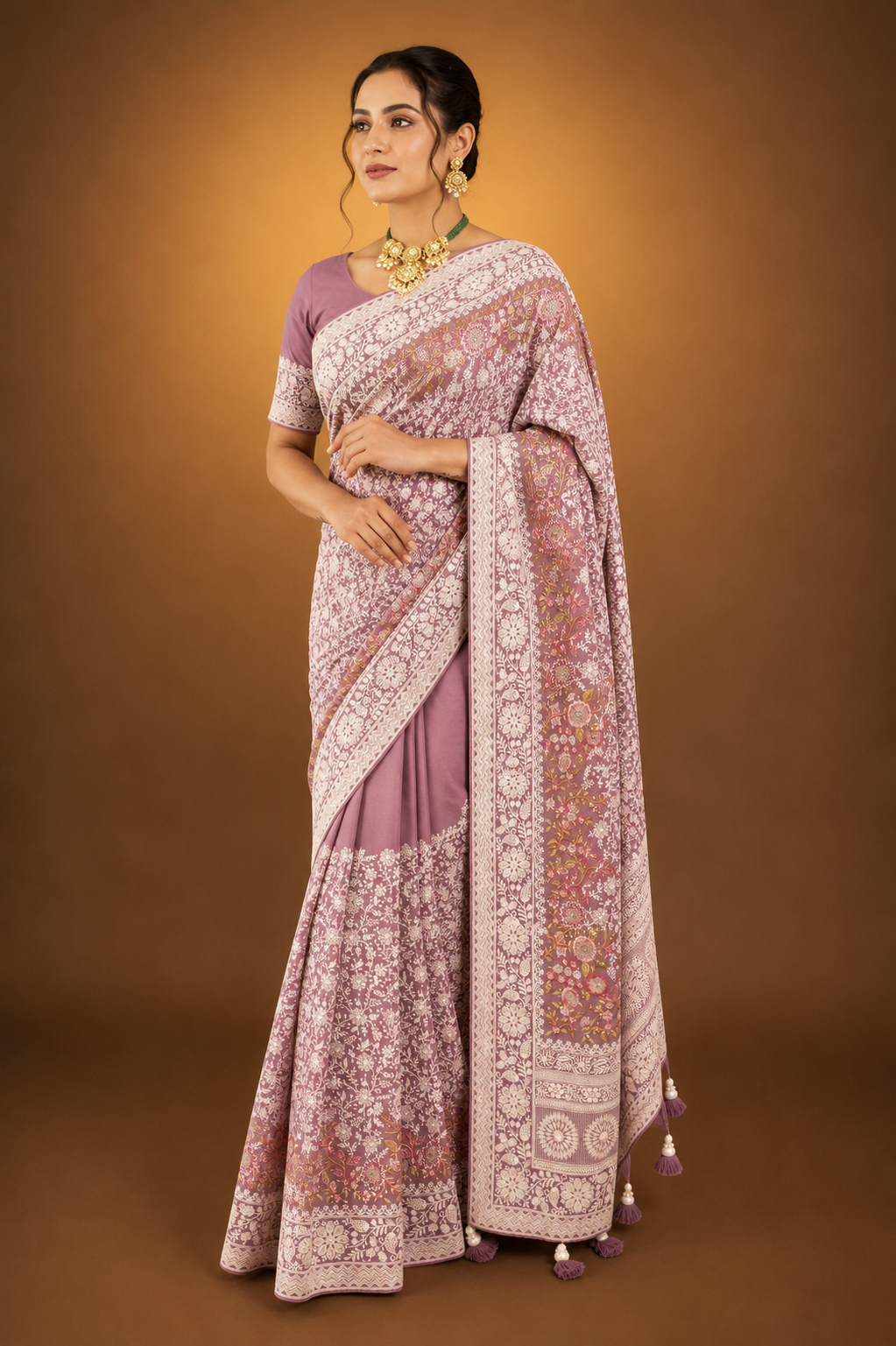 Lavender Purple Lucknowi Georgette Saree with Beautiful Tassels and Zari Work