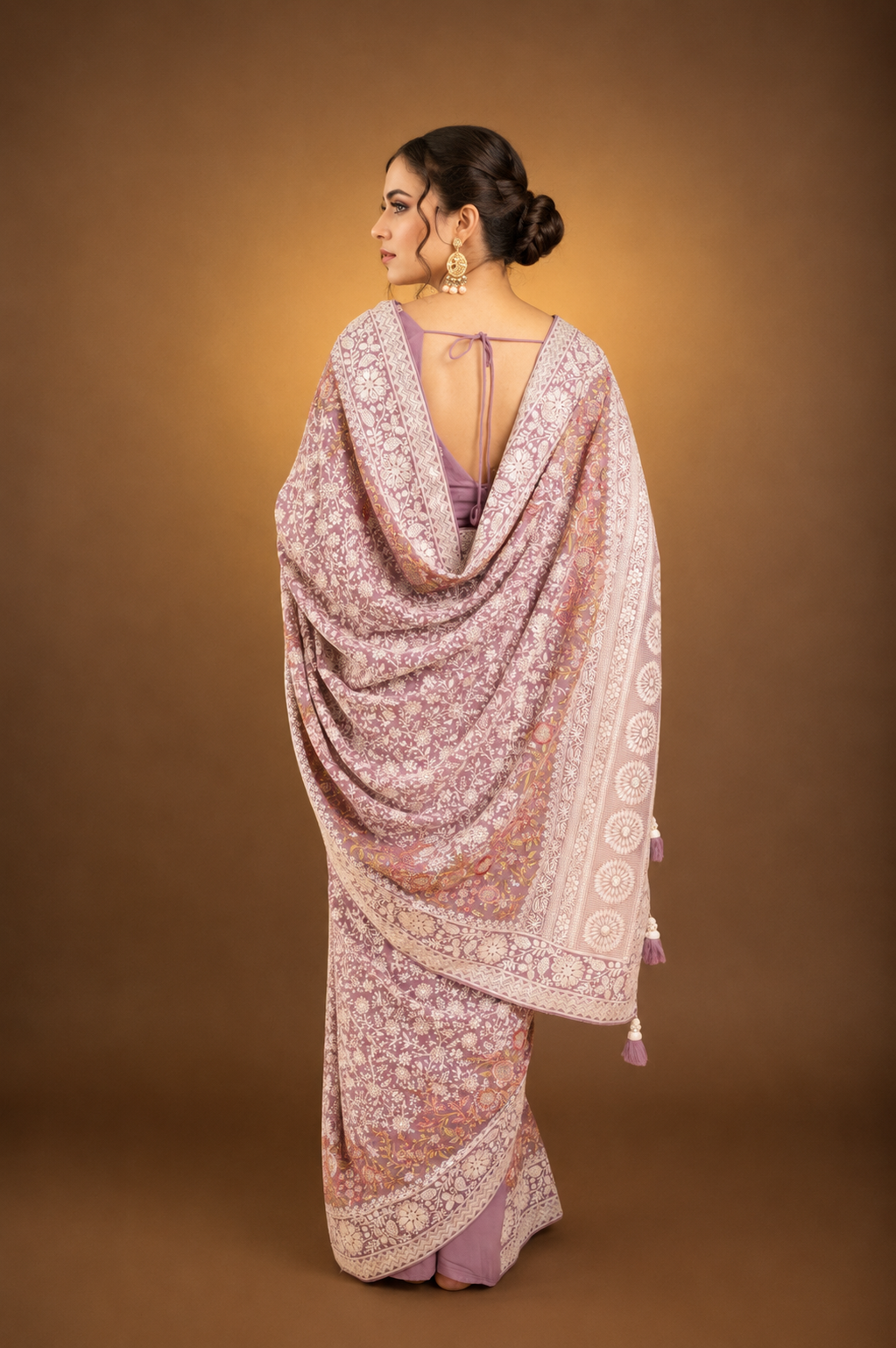 Lavender Purple Lucknowi Georgette Saree with Beautiful Tassels and Zari Work
