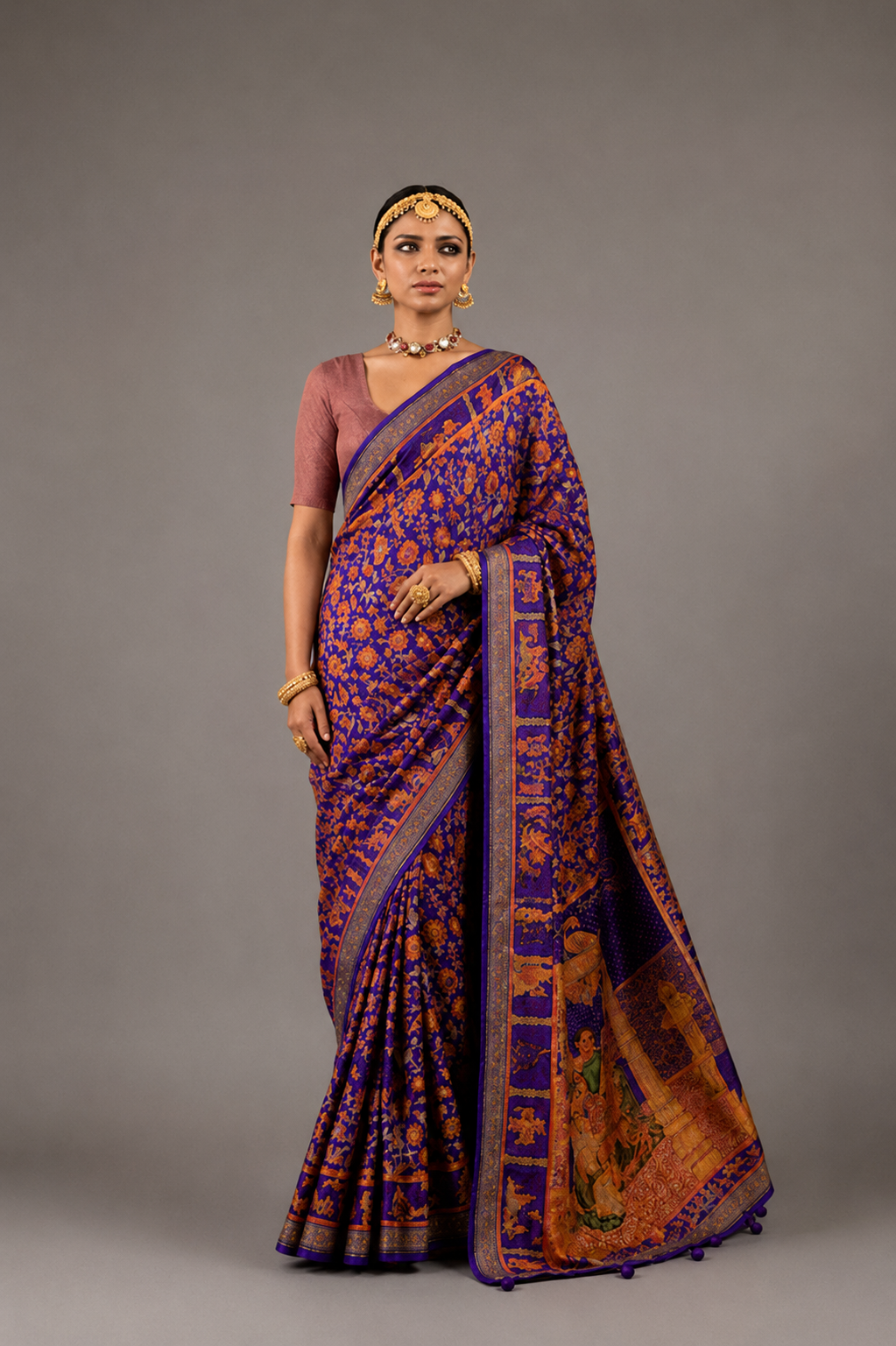 Purple Raw Silk Saree with  Ethnic Heritage Prints