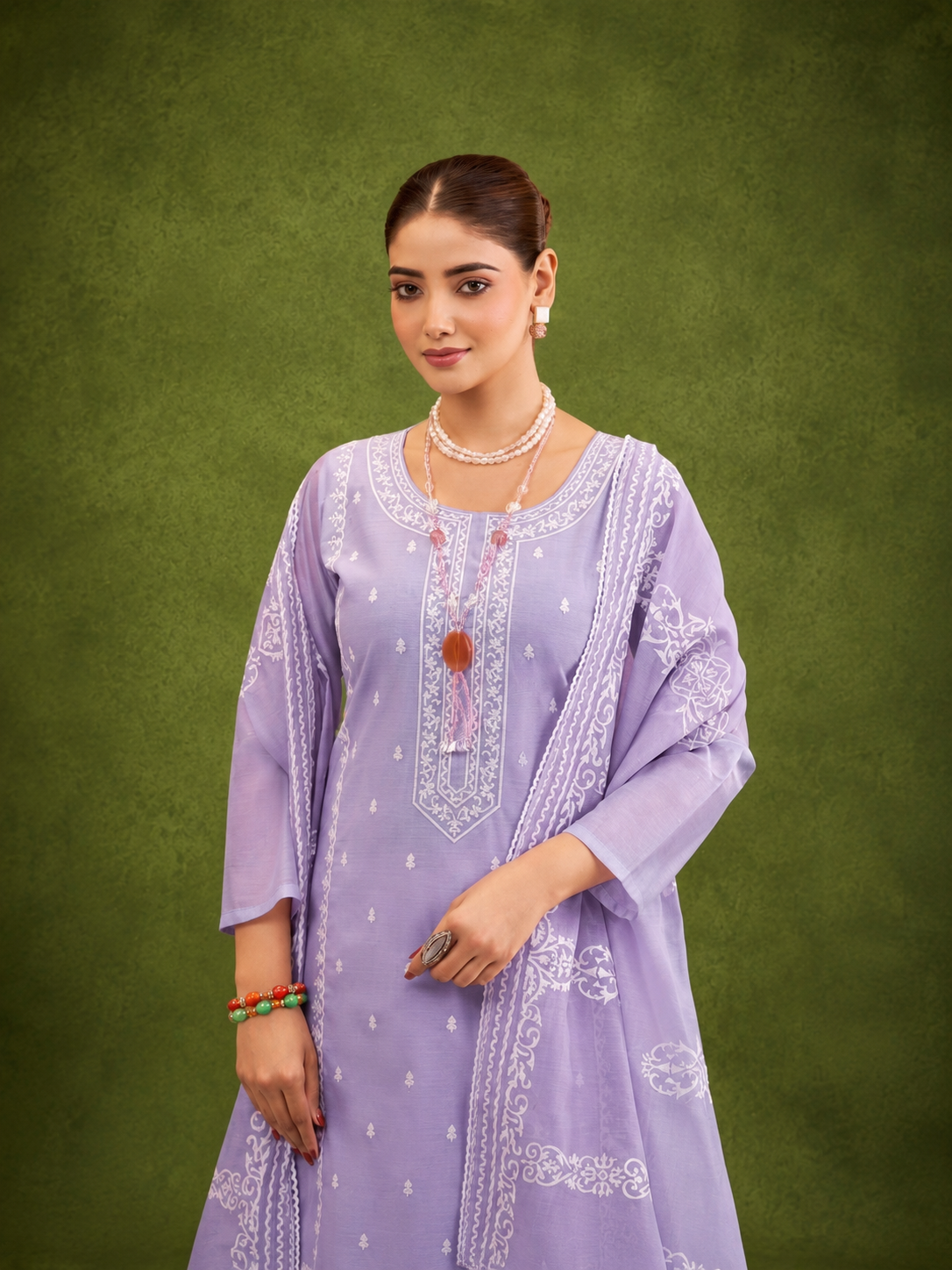Lavender Pure Mal Cotton Suit Set with Laser Cut Work Design