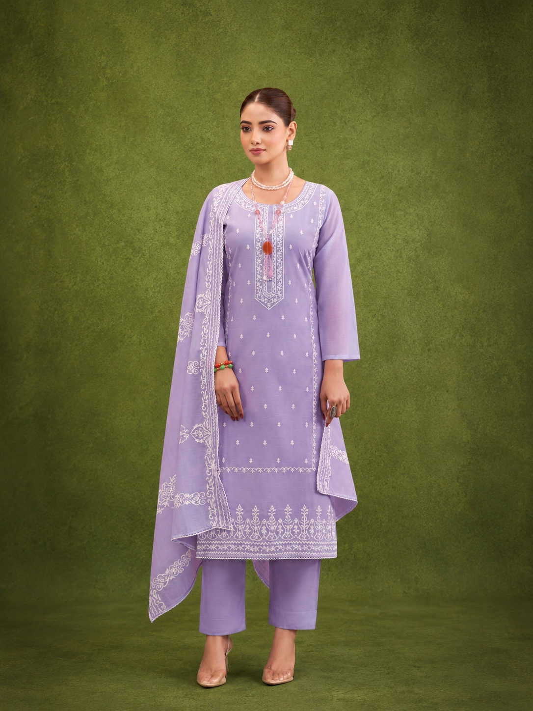 Lavender Pure Mal Cotton Suit Set with Laser Cut Work Design