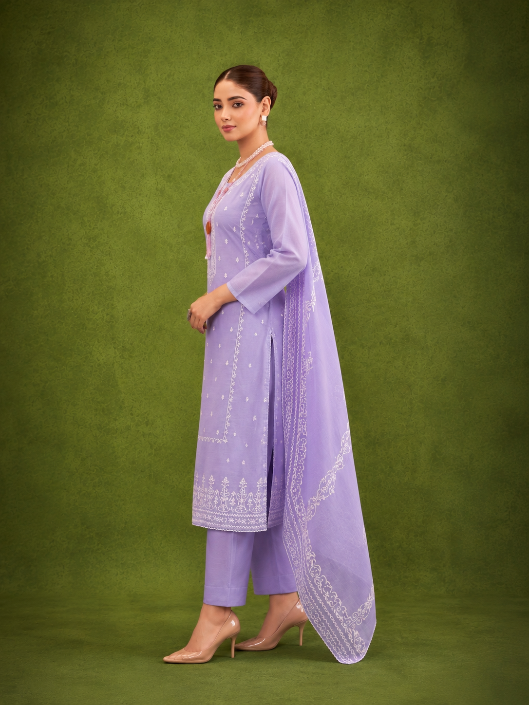 Lavender Pure Mal Cotton Suit Set with Laser Cut Work Design