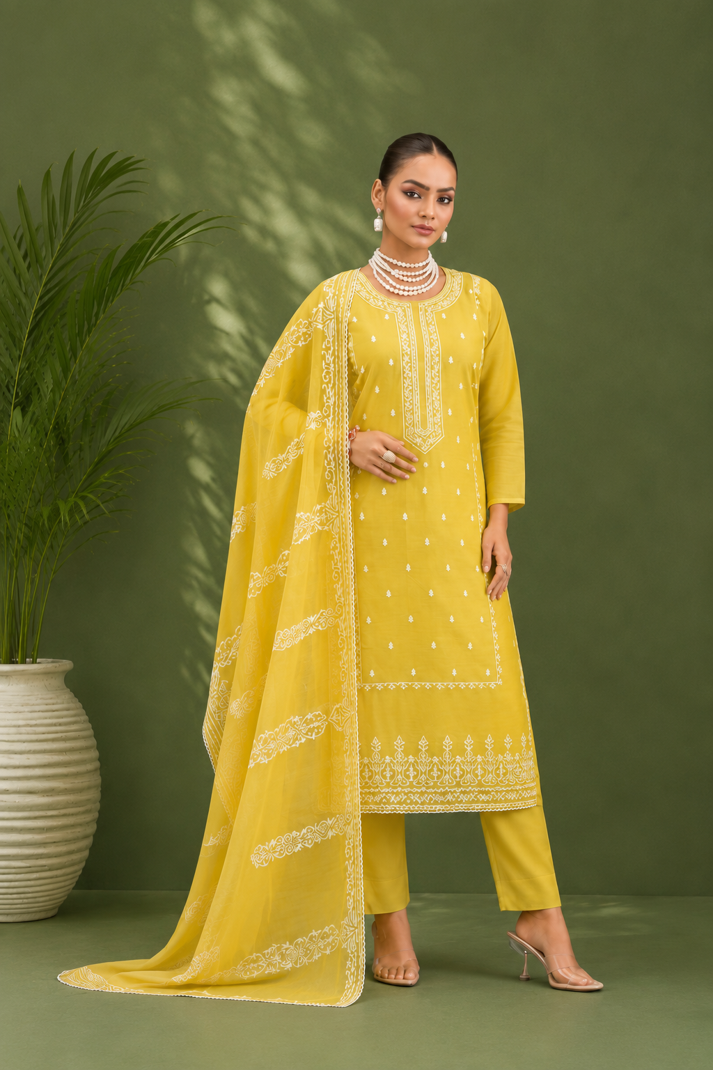 Mustard Yellow Pure Mal Cotton Suit Set with Laser Cut Work Design