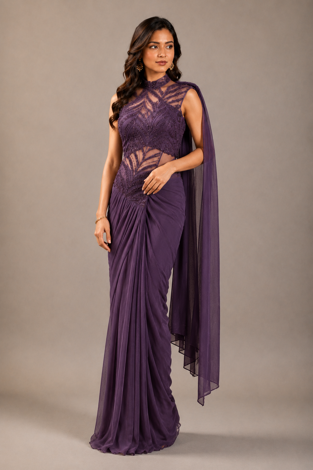 Purple Lycra Pre-Draped Saree with Sequin and Embroidered Ready to Wear Blouse
