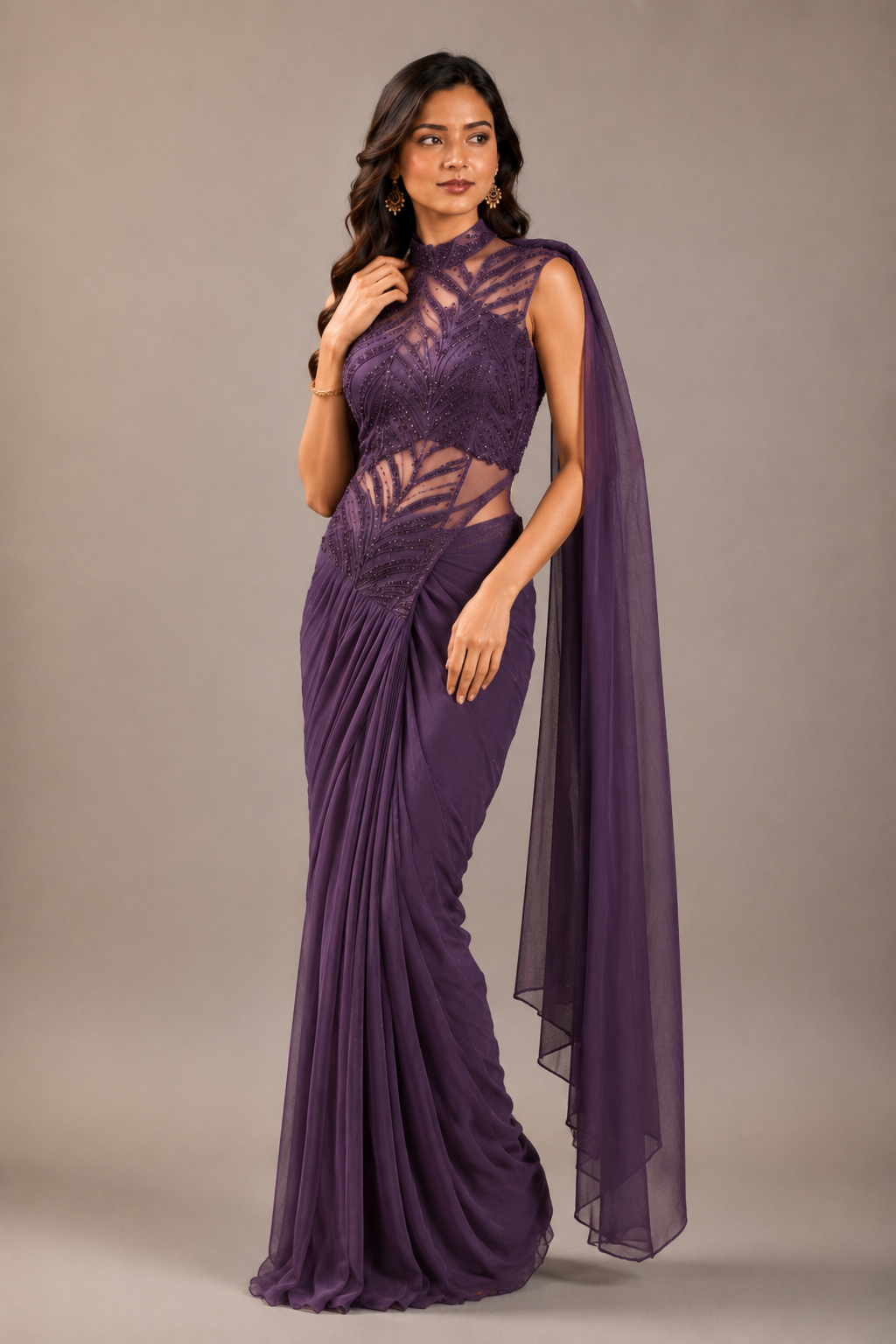 Purple Lycra Pre-Draped Saree with Sequin and Embroidered Ready to Wear Blouse