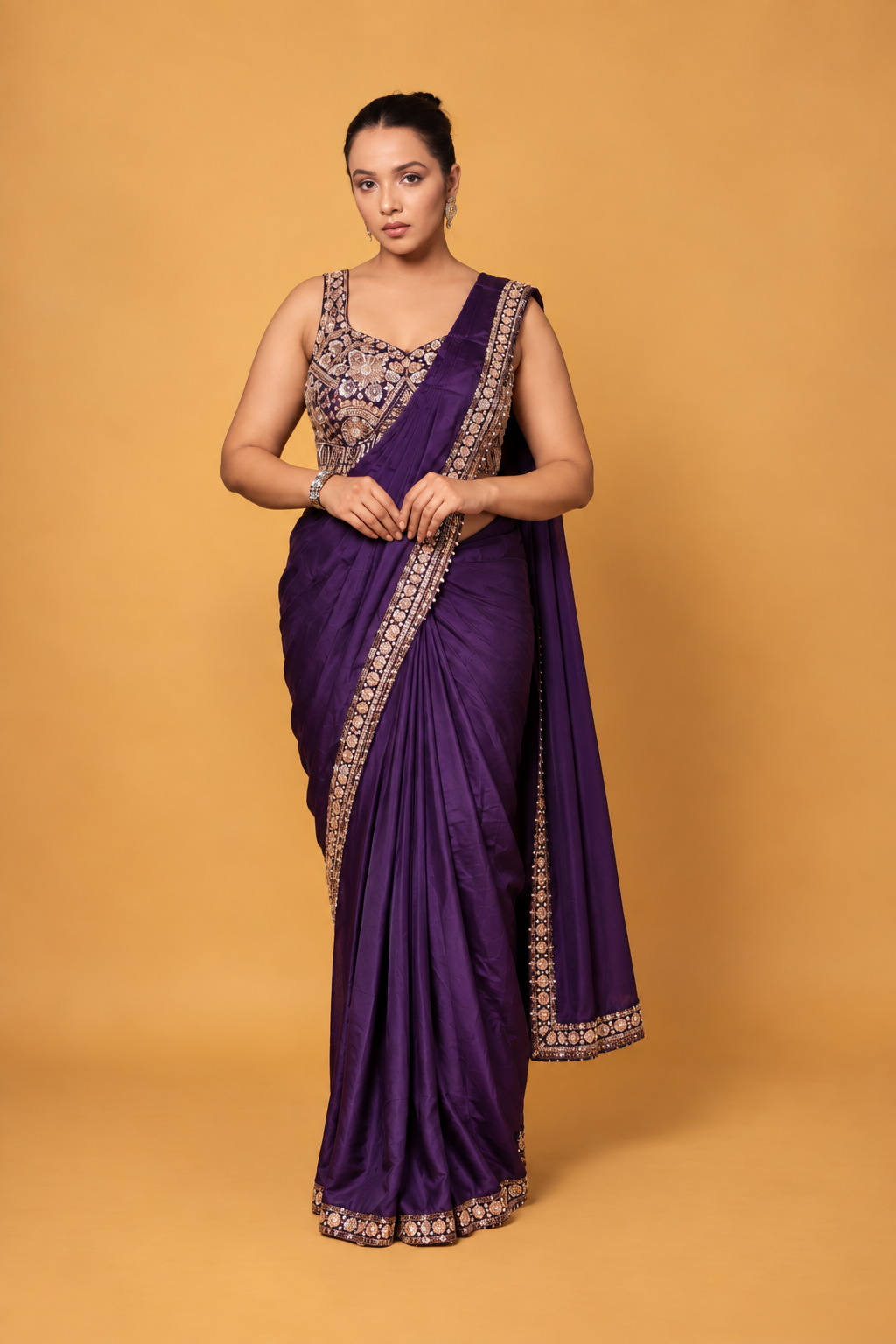 Dark Purple Satin Silk Pre-Draped Saree with Embroidered Border